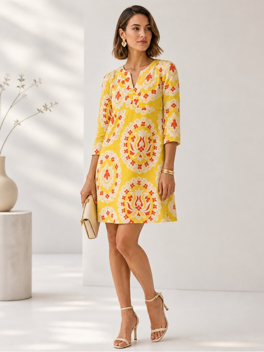 Boden Linen Dress Kaftan Tunic Yellow Red Floral Preppy Side Zip 3/4 Sleeve Sz 4